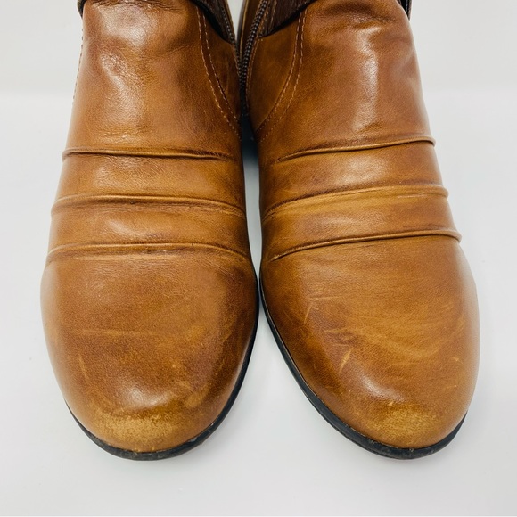 EARTH ODYSSEY 7B Heeled Ankle Booties Almond Tan Brown Leather Buckle Boho Y2K - Picture 4 of 16